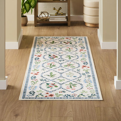 EVERWASH Haven Floral Trellis Machine Washable Area Rug with Airflo Technology for Easy Clean, Ultra-Soft Non-Slip Rug with Built-in Pad, Pet, Family & Allergy Friendly, Ivory, 2'6"x7'