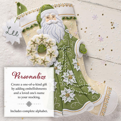 Bucilla Felt Applique 18" Stocking Making Kit, White Poinsettia Santa, Perfect for DIY Arts and Crafts, 89602E