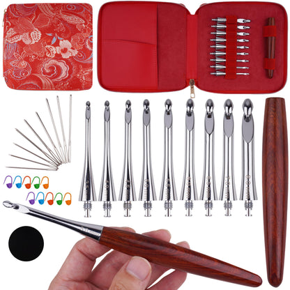 Interchangeable Ergonomic Crochet Hooks Set Inline Beginner Crochet Needles Kit Smooth Grip Wooden Handle with Red Case for Arthritic Hands 9 Sizes 3.5mm-8mm