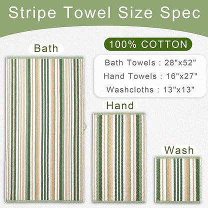 Green Bath Towels Set of 4, Striped Bath Towels