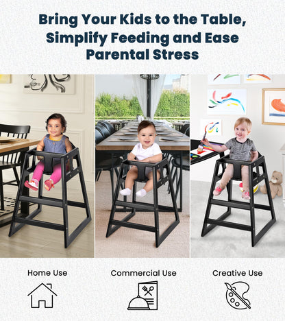 Alpine Wooden High Chairs for Babies and Toddlers with Safety Strap, Commercial Grade Restaurant High Chair, Durable Wood Space Saver Baby Feeding Chair, Ideal for Dining Spaces (2 Pack, Black)