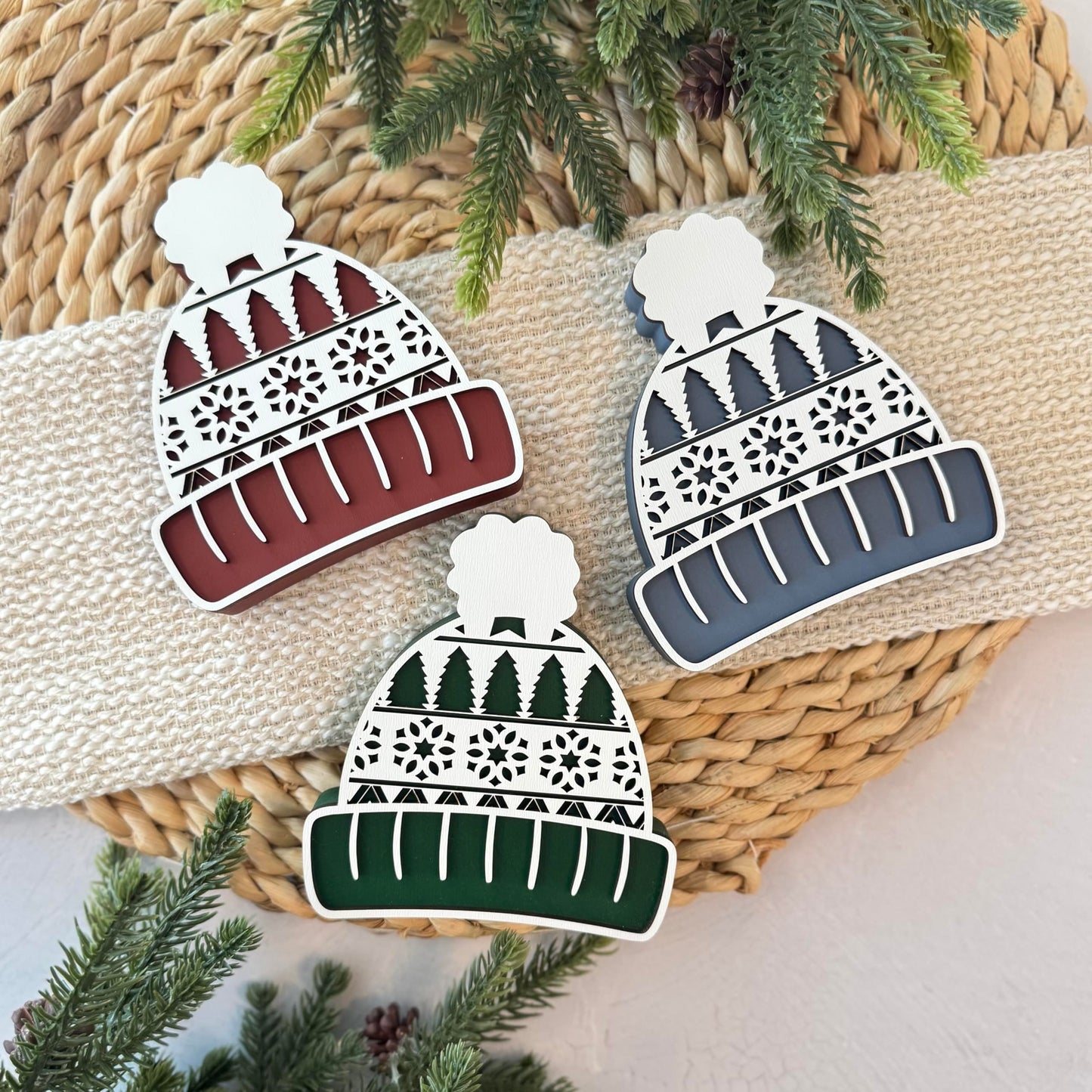 Winter Hat Shelf Sitter, Chunky Wooden Cozy Winter Decor for Tiered Tray Styling, Rustic Farmhouse Holiday Mantel Accent (Forest Green)