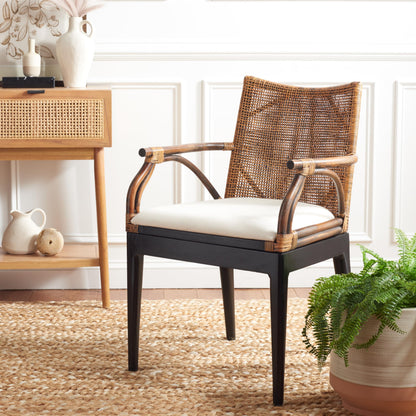 SAFAVIEH Furniture - Gianni Rattan Arm Chair - Brown & Black - Solid Wood - Coastal Open-Arm Design - Ideal for Living Room, Sunroom, Bedroom, 19.8" Seat Height (SEA4011A)