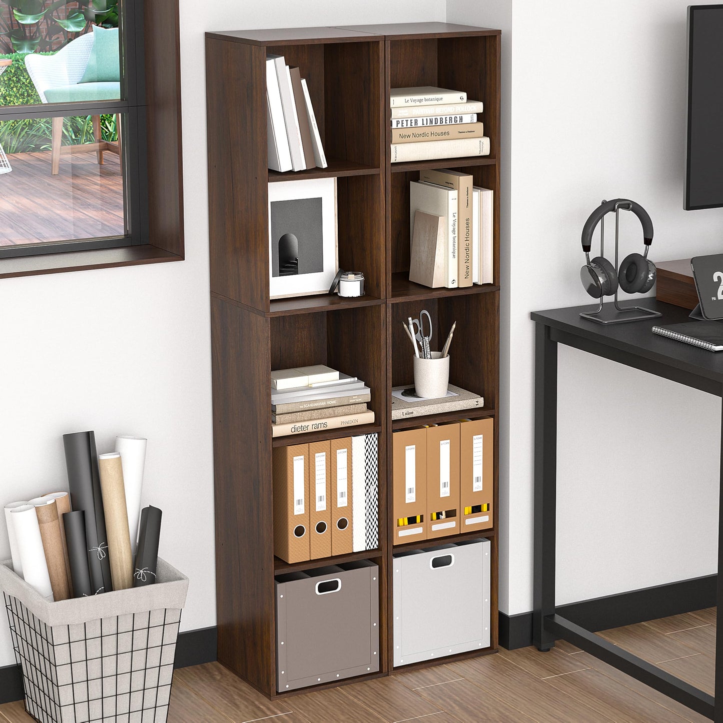NewBeth 5 Cube Storage Organizer, Narrow Open Shelf Bookcase, Freestanding 5 Tier Low Display Bookshelf for Home Office, Living Room, Bedroom, Dark Brown & Black Walnut