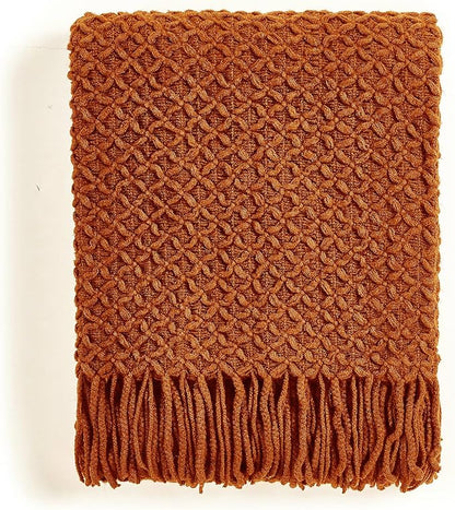 CREVENT Farmhouse Boho Knitted Throw Blanket for Couch Sofa Chair Bed Home Decoration, Soft Warm Cozy Light Weight for Spring Summer Fall (50''X60'' Caramel/Rust Burnt Orange)