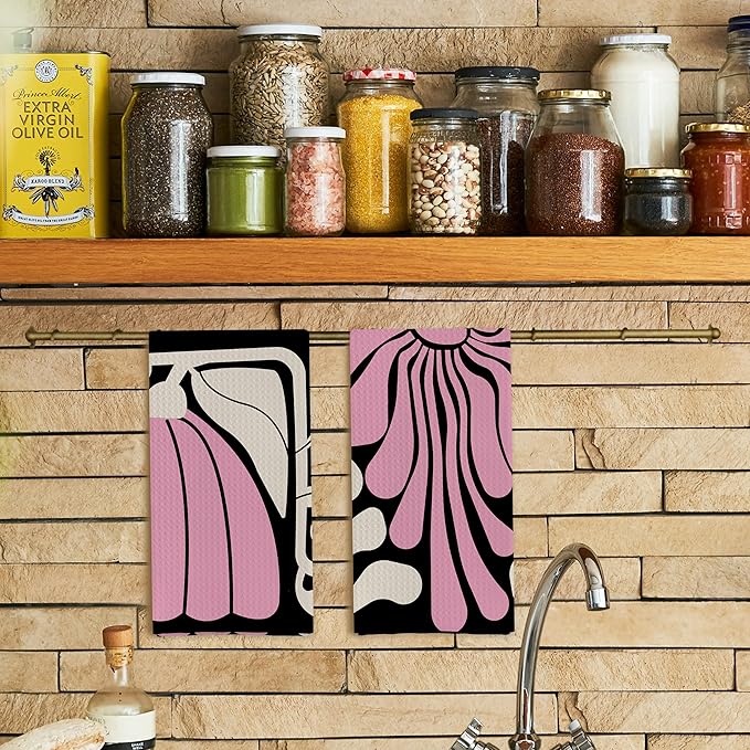 Abstract Boho Pink and Beige Floral Kitchen Towels Set of 2, Retro 70s Groovy
