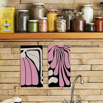 Abstract Boho Pink and Beige Floral Kitchen Towels Set of 2, Retro 70s Groovy