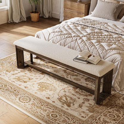LITTLE TREE 63" Upholstered Bench, Solid Wood Entryway Shoe Bench with Cushion, Long Modern Farmhouse End of Bed Bench with Antique Brown Legs & Faux Lamb Fur Seat for Bedroom, Living Room, Dining
