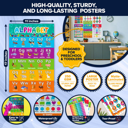 Decorably 50 Pack Vibrant Kindergarten Preschool Learning Posters for Toddlers 1-3, 11x17in Educational & Comprehensive Set, Matte-Laminated Classroom Decor for School Hallways, Bulletin Boards, Home Study Room
