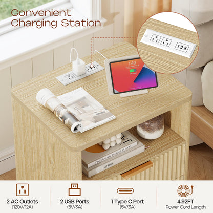 Turosur Night Stand with Charging Station, Fluted Nightstand with 2 Drawers, Wood Bedside Table with Open Storage, Modern Nightstands for Bedroom, Natural