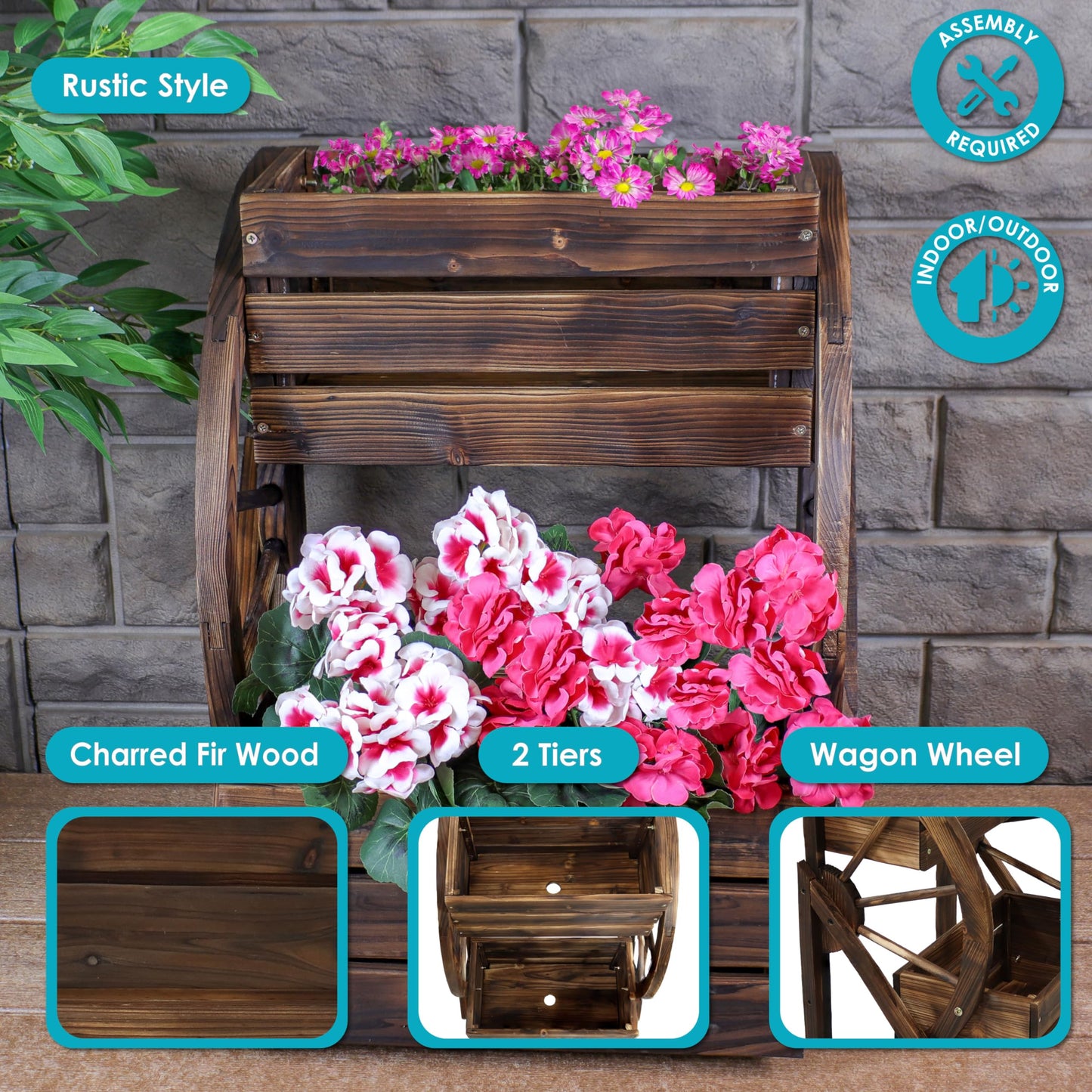Sunnydaze Wagon Wheel 2-Tier Rustic Wood Plant Stand - Tiered Garden Box - For Patio, Garden, or Front Porch - Charred Fir Wood
