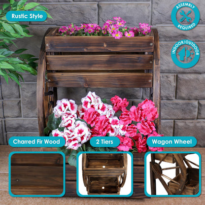 Sunnydaze Wagon Wheel 2-Tier Rustic Wood Plant Stand - Tiered Garden Box - For Patio, Garden, or Front Porch - Charred Fir Wood