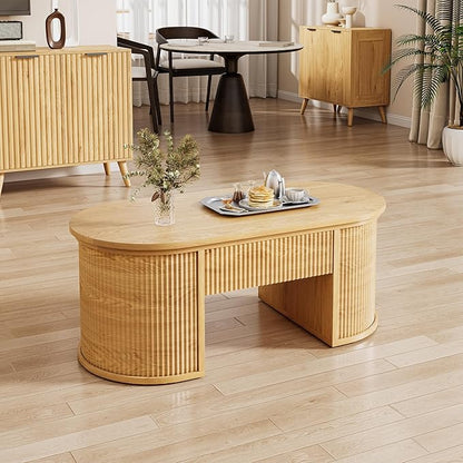 Fluted Lift Top Coffee Table with Storage, Oval Living Room Center Table with Hidden Compartment, Modern Mid-Century Wood Coffee Table for Small Spaces, Home Office, Natural