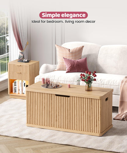 Akxomel Fluted Storage Chest with 2 Safety Hinges, 37.4" Wooden Storage Trunk, Natural Entryway Bench, for Living Room, Bedroom, Curved Profile, Easy Assembly, Natural Oak