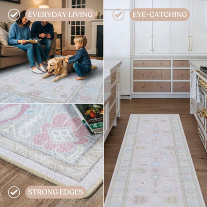 Fame Living Pink Oushak Rug, Modern, Vintage, Turkish, Eclectic, Floral, Pastel, Washable, Area Rugs for Living Room, Dining, Bedroom, Office, Entryway, Foyer, Playroom, Nursery, 5'x6'9"
