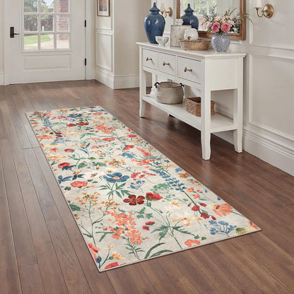 PureCozy Floral Runner Rug 2x6 Washable Hallway Long Beige Bedroom Carpet Non Slip Indoor Boho Kitchen Low Pile Accent Rug Lightweight Soft for Bathroom Dining Laundry Living Room