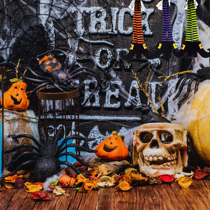 Halloween Dangling Witch Leg Decorations 22”Hx15”W, Green, Orange & Purple Striped Stockings 3/Pk