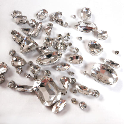 260 PCS/Pack 9 Shapes 24 Sizes Mixed Clear Crystals, Silver Sew on Glass Rhinestones,Crystal Gems Mental Flatback with Silver Claw, for Jewelry Crafts Costume DIY Garment