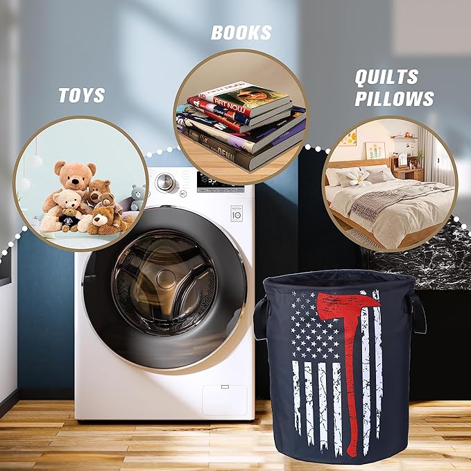 American Flag Red Line Ax Laundry Basket Firemen Foldable Oxford Cloth Funny
