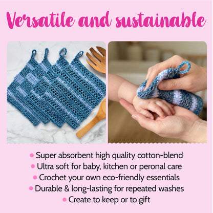 KnitPal Everyday Joy Crochet Kit for Confident Beginners – Make 4 Reusable 7.5 x 7.5 in Dishcloths – with Cotton to The Core Yarn (#3 DK), Hook, Patterns & Video Tutorials (Jean Blue + Sky Blue)