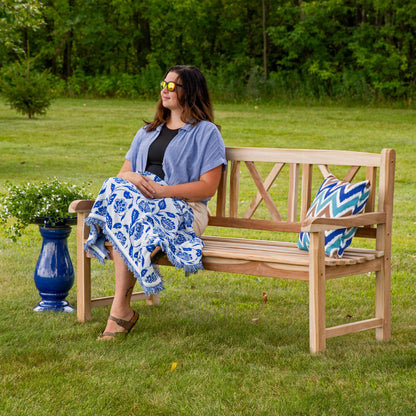 Sunnydaze 2-Person Outdoor Bench for Front Porch or Park - Wooden Teak Patio Garden Bench with Backrest - 675 lb Weight Capacity - Crossback