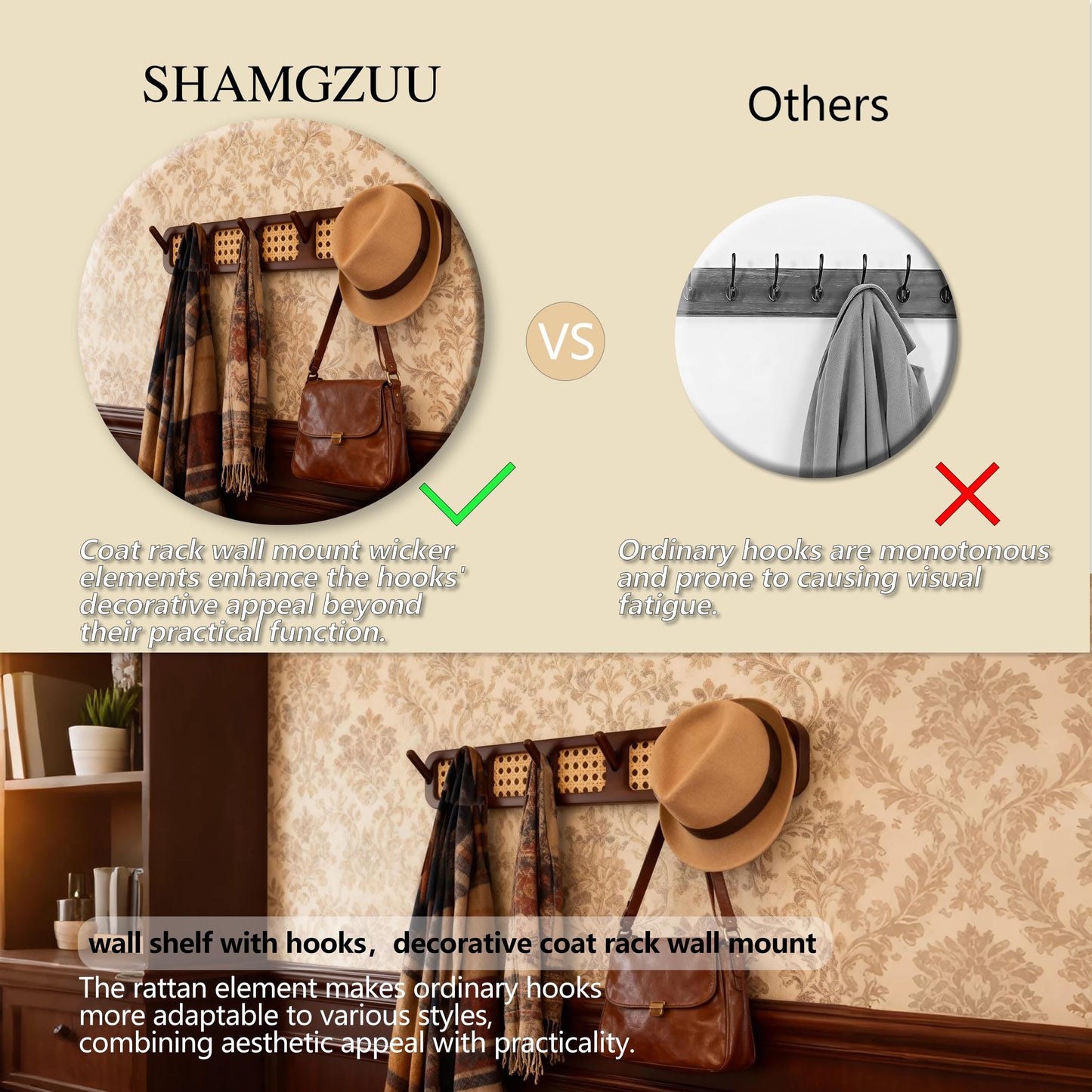 Shamgzuu Coat Rack Wall Mount, Rattan Coat Hooks Hanger Wall Mounted, 6 Heavy Duty Bamboo Hooks Rack Rail for Hanging Clothes Hats Bags Jacket Towels Plants, White (White)
