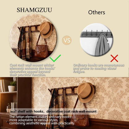 Shamgzuu Coat Rack Wall Mount, Rattan Coat Hooks Hanger Wall Mounted, 6 Heavy Duty Bamboo Hooks Rack Rail for Hanging Clothes Hats Bags Jacket Towels Plants, White (White)