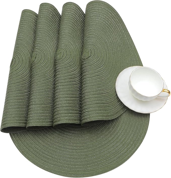 SHACOS Round Placemats Set of 12 Washable 15 inch Round Table Mats Cotton Polyester Woven Braided Place Mats for Dining Table Wedding Party Decor (Olive Green, 12)