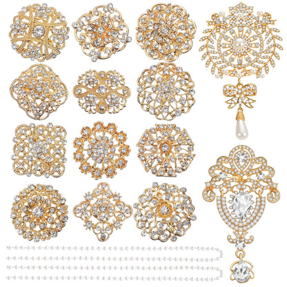 14 Pcs Crystal Flower Brooch Pin Sets Gold Crystal Brooches Pearl Wedding Bouquet kit Set for Women DIY Craft Party