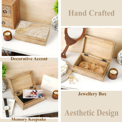 Ajuny Wooden Handmade Decorative Jewelry Storage Box Corner Flower Design Multipurpose Treasure Chest Keepsake Organizer Necklaces Bracelet Watch Boxes Gifts 8x5 Inch
