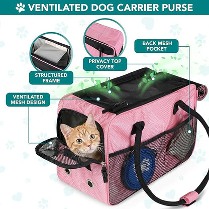 PetAmi Dog Purse Carrier for Small Dogs, Airline Approved Soft Sided Pet Carrier with Pockets, Ventilated Dog Carrying Bag for Puppy Cat, Dog Travel Supplies Bag, Sherpa Bed, Max 12 lbs, Pink