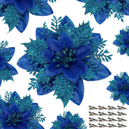 Childom 15 PCS Blue Poinsettia Flower Artificial Poinsettias with Clips Christmas Decorations Glitter Poinsettia Christmas Ornaments Xmas Tree Flowers with Stems DIY Xmas Wreath Holiday Party Decors