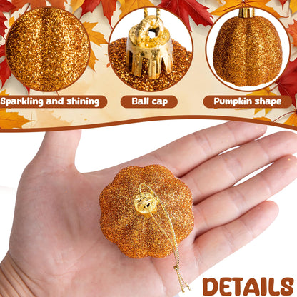 16 Pcs Fall Thanksgiving Pumpkin Hanging Ornaments- 2.2" x 1.8" Glitter Fall Pumpkin Tree Ornaments- Shatterproof Farmhouse Rustic Hanging Pumpkins Decoration for Autumn Thanksgiving Xmas Home Decor