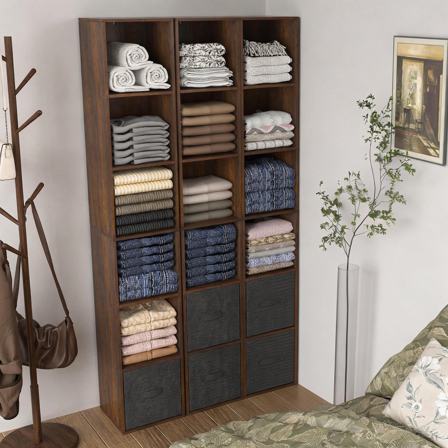 NewBeth 6 Cube Storage Organizer, Narrow Open Shelf Bookcase, Freestanding 6 Tier Low Display Bookshelf for Home Office, Living Room, Bedroom, Dark Brown & Black Walnut
