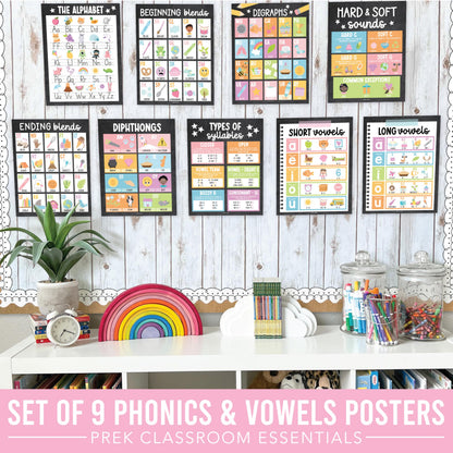 Hadley Designs Phonics Posters for Classroom Must Haves - 9 Sound Wall for Kindergarten & Elementary Teacher Supplies, Syllable, Vowels, Digraphs & Blends Bulletin Board Set, Chalkboard Classrom Decor