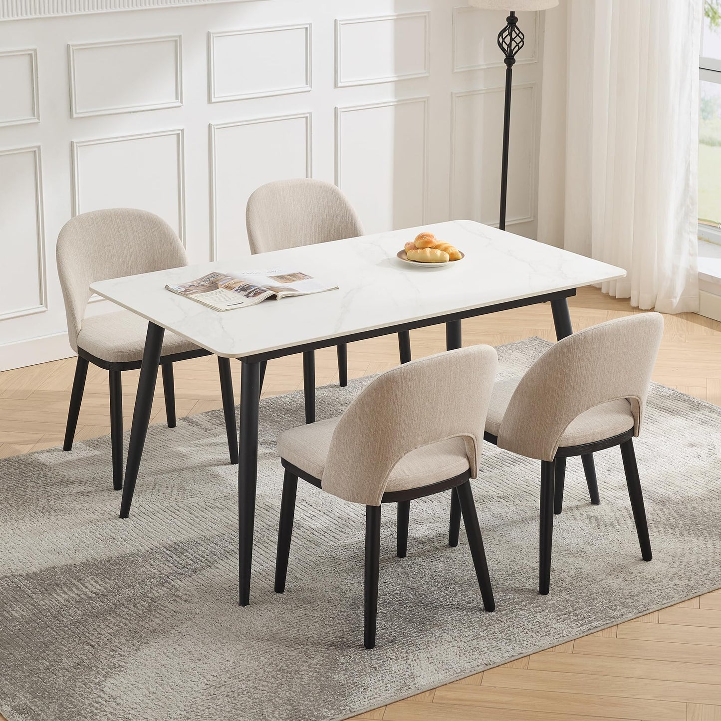 Wooden Dining Chairs Set of 6, Upholstered Kitchen Dining Room Chair, Modern Linen Fabric hollowed out Dinner Chair with Leveling Feet/hollowed out Backrest Support for Dining Room, Living,Beige
