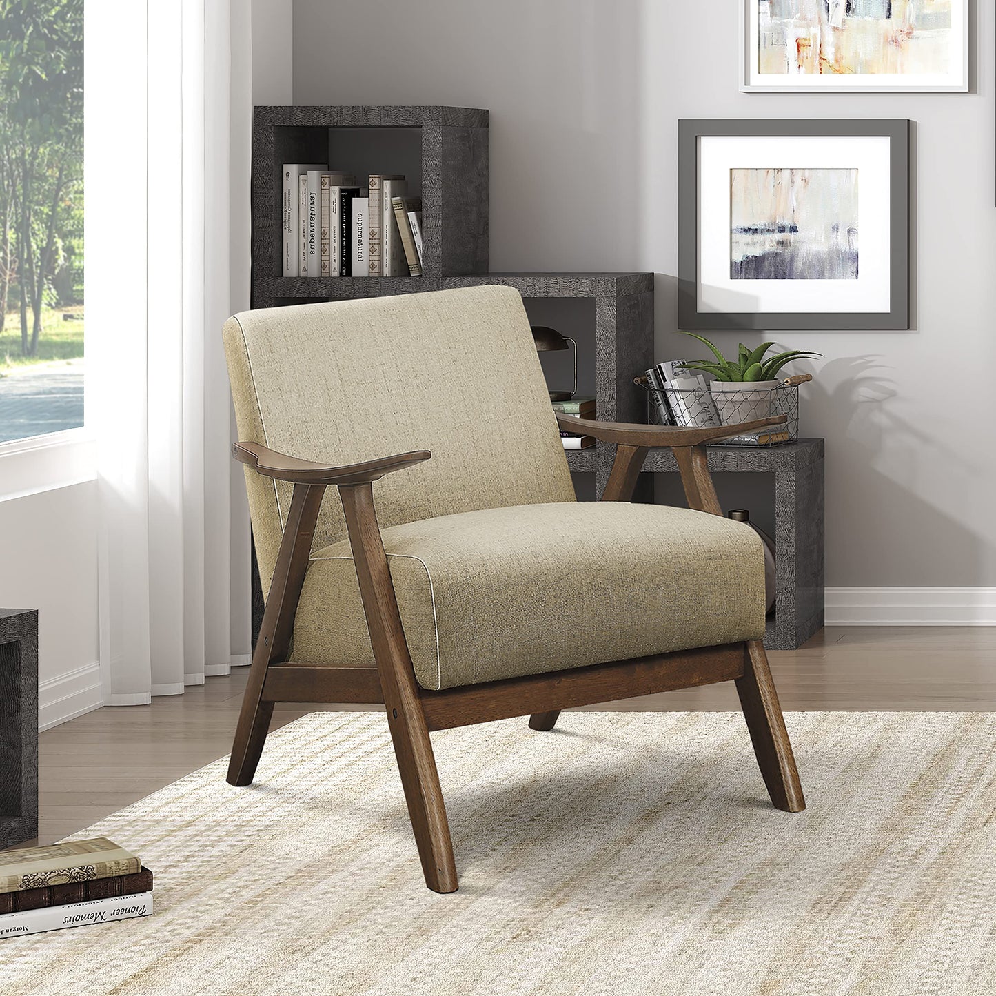 Lexicon Mid Century Modern Accent Chair with Solid Wood Frame in Walnut Finish, Upholstered Living Room Lounge Arm Chair, Thick and Comfy Innerspring Seat Cushion, Linen-Look Fabric, Light Brown