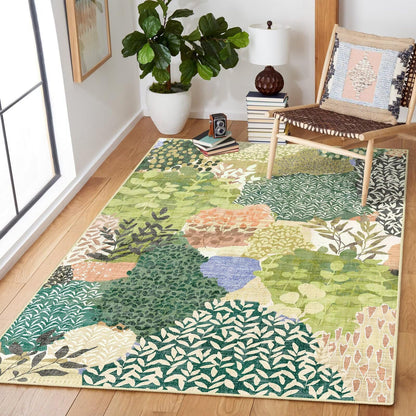 DEXDE Washable Area Rug 3x5 for Living Room, Tropical Vintage Leaf Botanical Rugs Non Slip Soft Kids Room,Abstract Small Boho Carpet for Bedroom, Entryway, Kitchen, Office Dining Room,Green