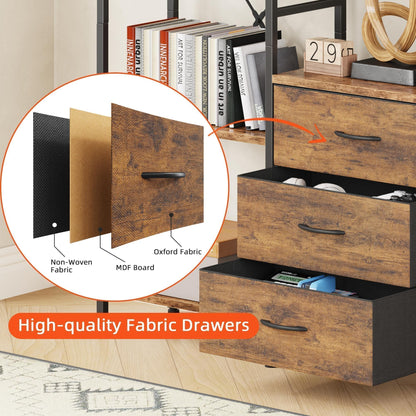AFLUI Triple Bookshelf with 3 Fabric Drawers, 4-Tier Book Shelf and 10 Display Shelves, Industrial Large Bookcase for Home & Office, Rustic Brown, 47'' Wide