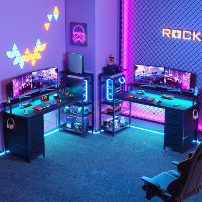 51 Inch Gaming Desk with LED Lights and Power Outlets, Computer Desk with Storage Shelves, Fabric Drawers, Monitor Stand & Side Hook, Reversible Gamer Table for Home Office, Carbon Fiber Black