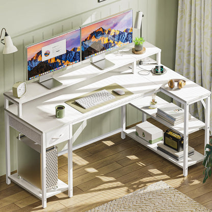 SUPERJARE 53 inch Reversible L Shaped Desk with LED Lights & Power Outlets, Computer Desk with Shelves & Monitor Stand, Gaming Desk with Drawer, Home Office Desk Corner Desk, PU White Drawer