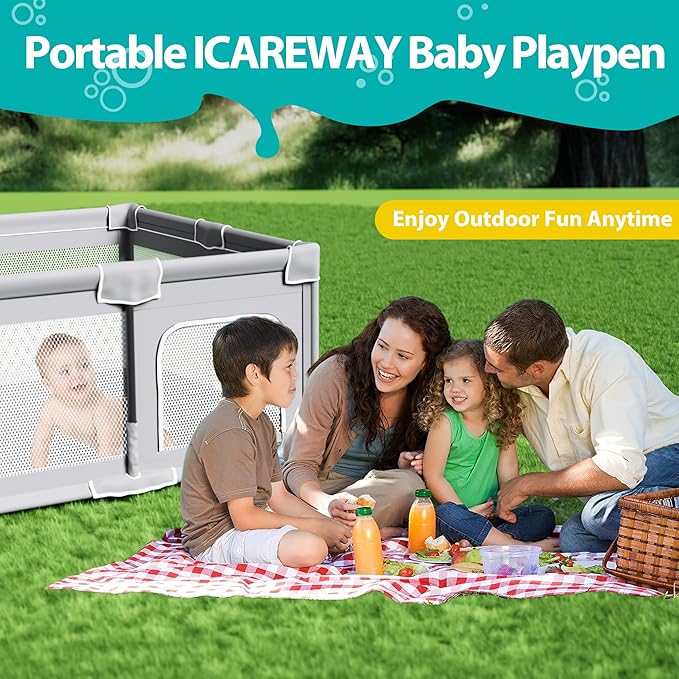 ICAREWAY Foldable Playpen for Babies and Toddlers, 50x50 Inches Portable Playpen, Kids Collapsible Play Pen with 2 Handlers, Indoor & Outdoor Baby Fence Play Area with Visible Mesh, Light Gray