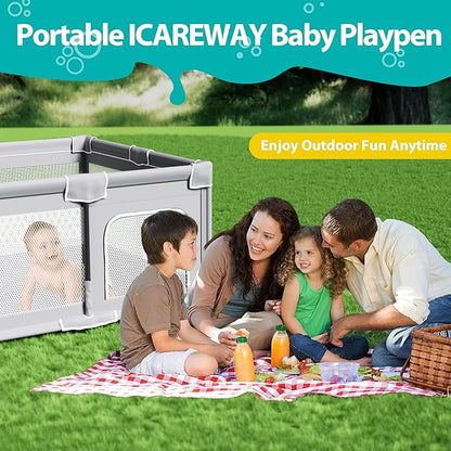 ICAREWAY Foldable Playpen for Babies and Toddlers, 50x50 Inches Portable Playpen, Kids Collapsible Play Pen with 2 Handlers, Indoor & Outdoor Baby Fence Play Area with Visible Mesh, Light Gray