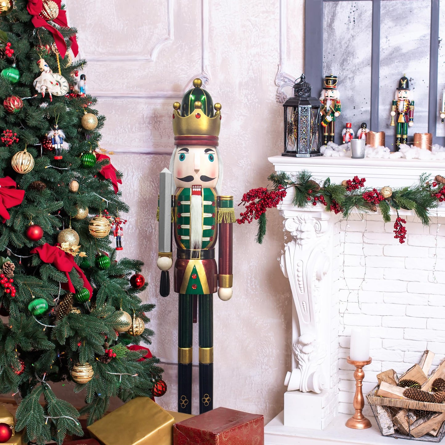 KI Store 4ft Christmas Nutcracker Wooden King Soldier Nutcracker Figurine for Front Door, Porch, Christmas Tree, Mantel, Fireplace