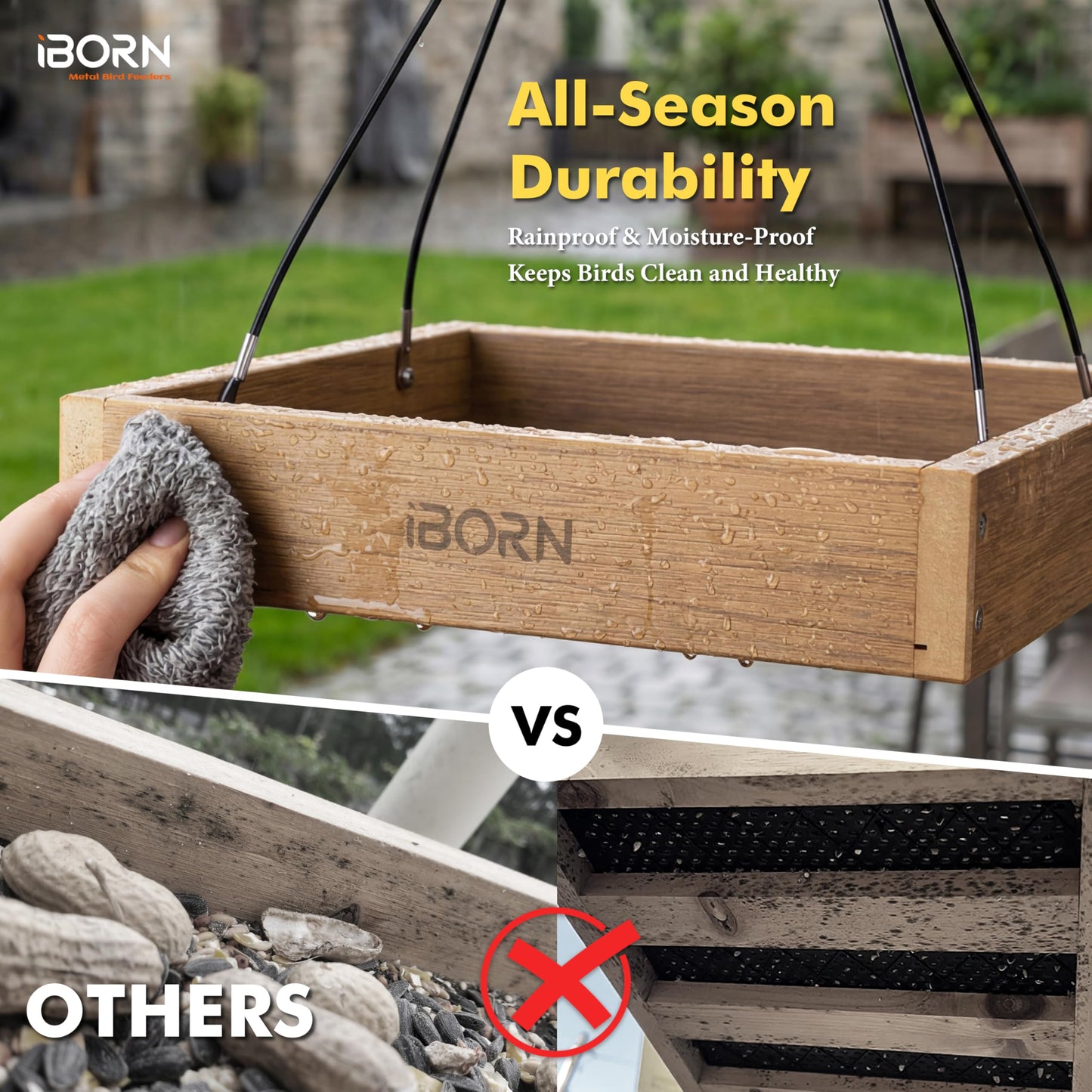 iBorn Platform Bird Feeder Tray, Chew Proof Bird Feeders for Outdoors Hanging, Flat Birdfeeder Tray with Large Capacity 3LBS, WPC Recycled Plastic & Cedar Look, Waterproof, 10.5"x10.5", Raw