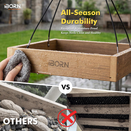 iBorn Platform Bird Feeder Tray, Chew Proof Bird Feeders for Outdoors Hanging, Flat Birdfeeder Tray with Large Capacity 3LBS, WPC Recycled Plastic & Cedar Look, Waterproof, 10.5"x10.5", Raw
