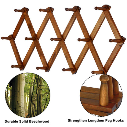 Dseap Accordian Wall Hanger: 16” High Wooden Wall Expandable Coat Rack, Hat Rack Holder, Accordion Hook for Baseball Caps, Coats, Mugs, 13 Peg Hooks, Brown