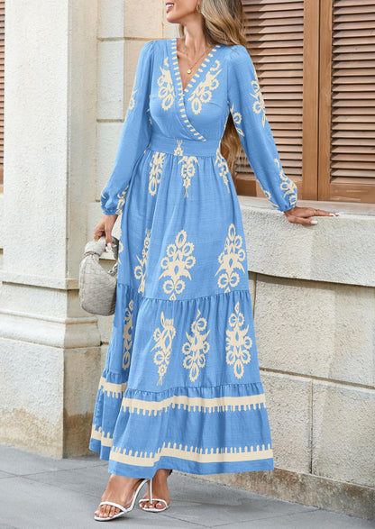 PRETTYGARDEN Women's 2025 Fall Wedding Guest Dresses Boho Floral Long Sleeve V Neck Flowy Elegant Maxi Dress Beach Clothes