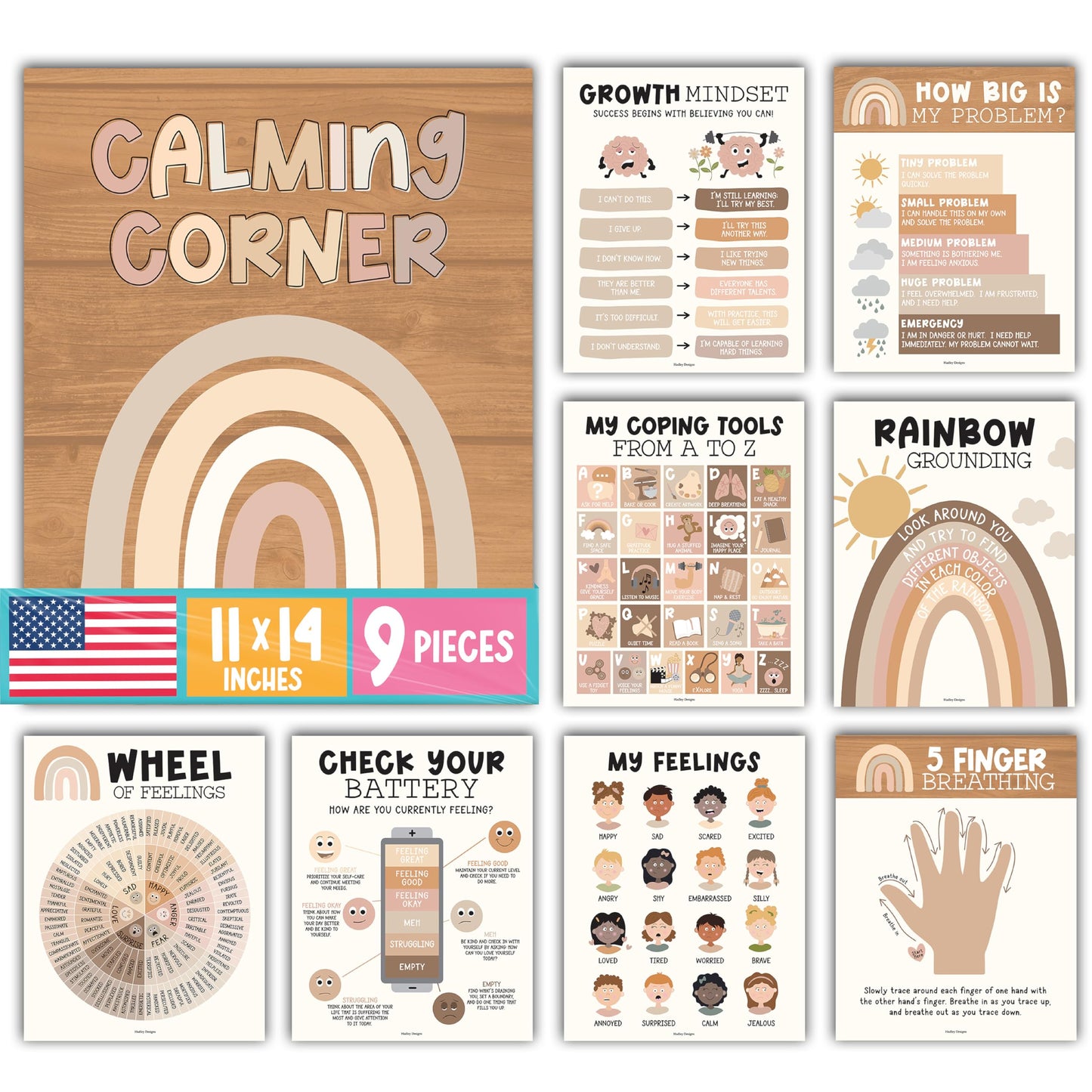 Hadley Designs 9 Calming Corner Posters for Classroom Must Haves - Calm Down Corner Supplies with Emotions Chart, School Counselor Mental Health Poster, Feelings Chart For Kids, Boho Classroom Decor