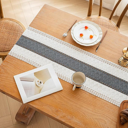 FEXIA Boho Table Runner for Summer Home Decor with Tassels 36 Inches Long Farmhouse Grey Rustic Burlap Table Runner Macrame Table Decoration for Kitchen Bedroom Living Room (12x36 Inches)